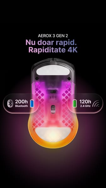 This ad showcases the Aerox 3 Gen 2 gaming mouse, highlighting its speed and battery life. The image emphasizes the mous