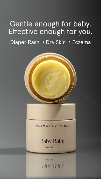 This ad showcases Primally Pure's Baby Balm as a gentle and effective solution for common baby skin issues like diap