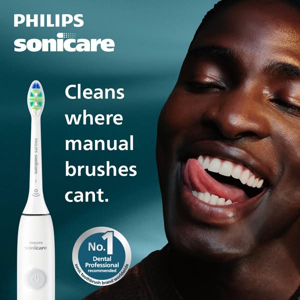 This ad for Philips Sonicare toothbrushes highlights the product's ability to clean areas that manual toothbrushes c