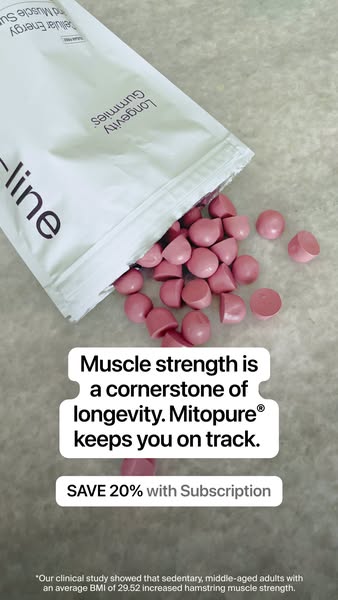 This image ad highlights the benefits of Mitopure gummies for muscle strength and longevity. It features a shot of the p