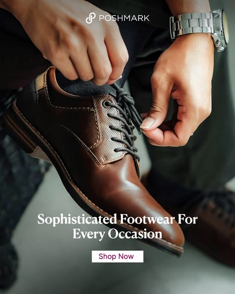This image ad by Poshmark features a man tying the laces on a brown leather dress shoe. The ad targets consumers seeking