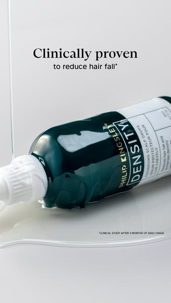 This ad for Philip Kingsley Density Preserving Scalp Drops uses clinical proof and a product demo to grab attention and 
