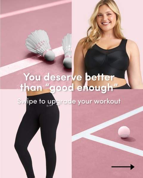 This ad for sports bras and workout leggings uses a split-screen format to showcase product features while positioning t