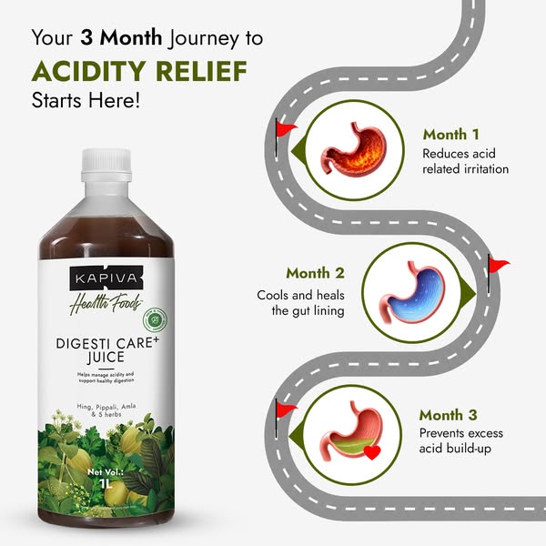 The image ad promotes Kapiva brand DIGESTI CARE+ JUICE, which helps manage acidity and supports healthy digestion. The a
