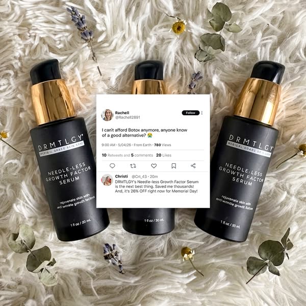 This social media ad features a flat lay of the DRMTLGY Needle-Less Growth Factor Serum. The ad integrates social proof 