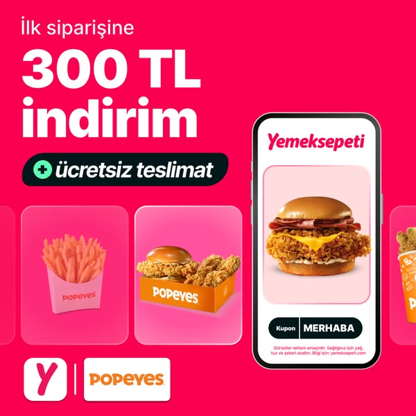 This Popeyes ad uses the Yemeksepeti app as a vector for delivering a promotion offering a 300 TL discount and free deli