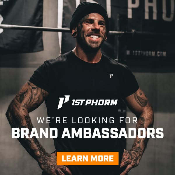 This image ad is for 1st Phorm, a nutritional supplement company, and features a muscular man in a gym setting. The ad i
