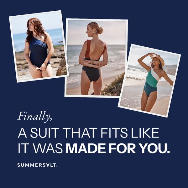 This Summersalt ad features a collage of photos of women on the beach wearing Summersalt swimsuits, and emphasizes the g