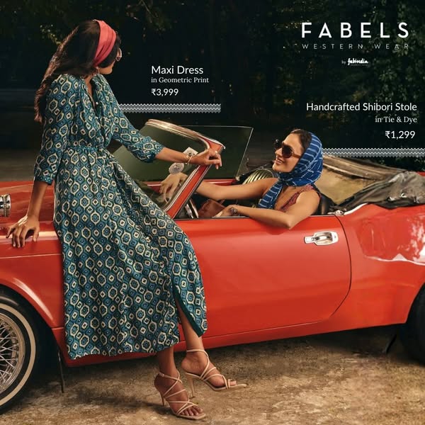 This image promotes Fabels' Western Wear clothing line featuring a maxi dress and a shibori stole. The ad positions 