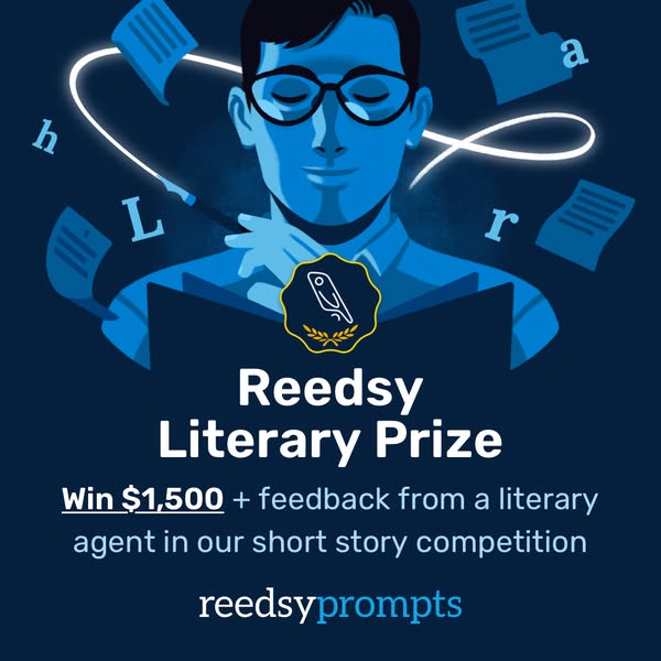 A promotional image ad for Reedsy's literary prize is displayed against a dark blue background. The illustration is 