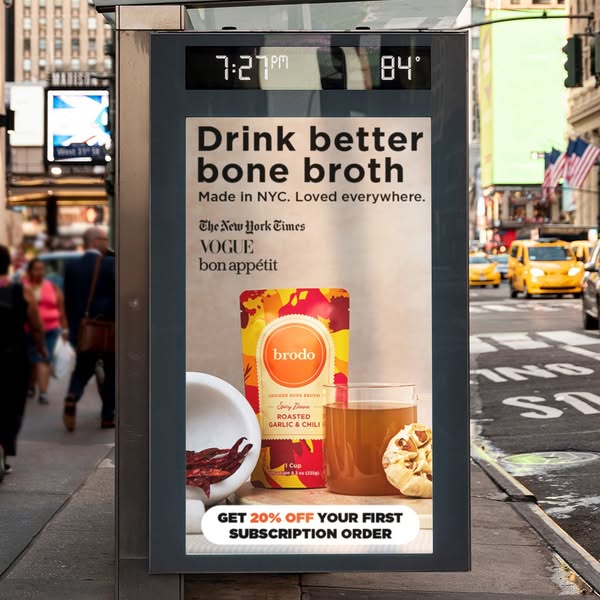 A billboard ad for Brodo Roasted Garlic & Chili bone broth