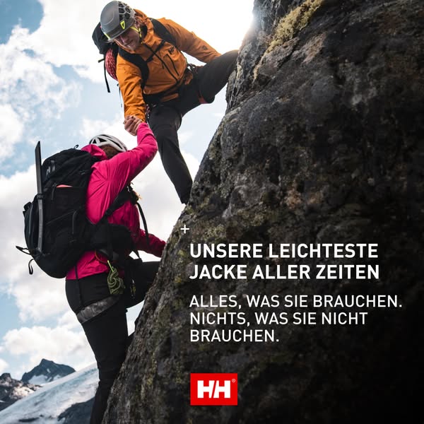 This ad for Helly Hansen features two people rock climbing while wearing Helly Hansen jackets. The ad is focused on the 