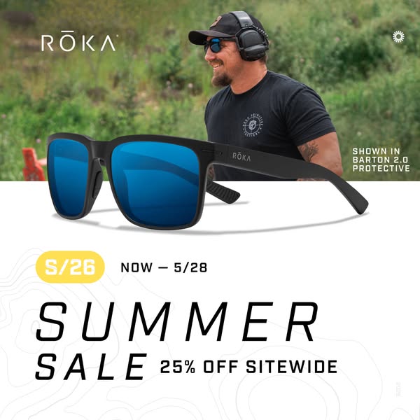 This image ad announces ROKA's summer sale, offering 25% off sitewide. The ad features a pair of Barton 2.0 Protecti