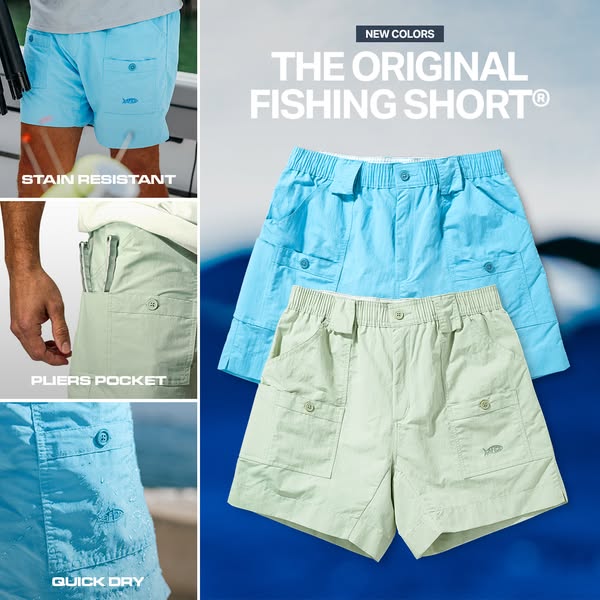This ad showcases the brand's original fishing shorts with a focus on stain resistance, quick-drying capabilities, a