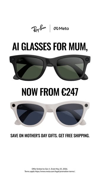 This ad for Ray-Ban Meta AI glasses highlights the product as a Mother's Day gift, advertising a starting price of €