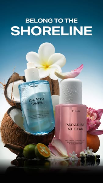 This image ad by PHLUR showcases two of their hair and body fragrance mists: Island Swim and Paradise Nectar. The produc