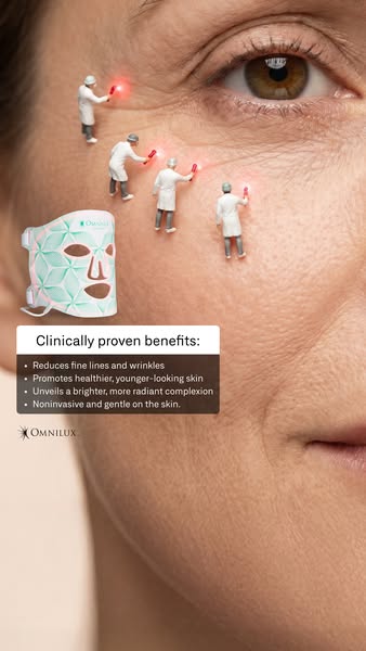 This ad for Omnilux features a close-up image of a woman's face. Miniature figures in lab coats are shown using red 