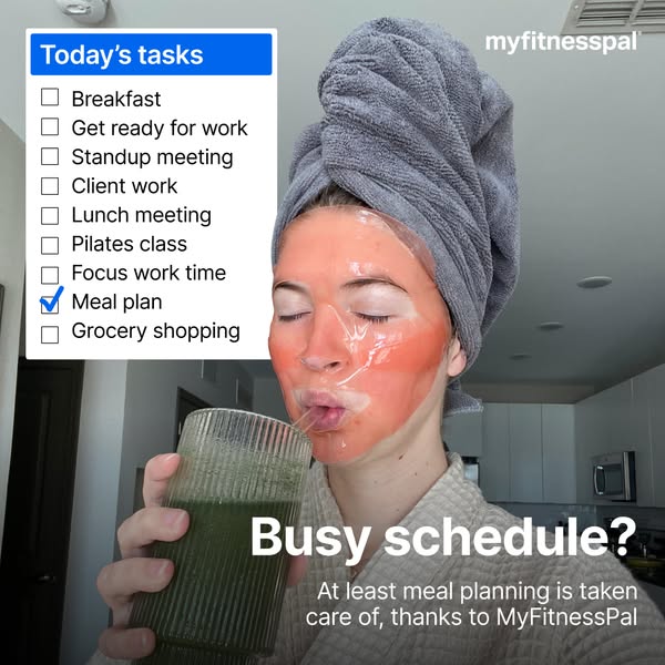 The ad for MyFitnessPal targets busy individuals, highlighting how the app simplifies meal planning within a hectic sche