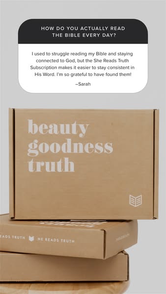 This image ad for She Reads Truth features a testimonial from a user and stacks of the subscription box.