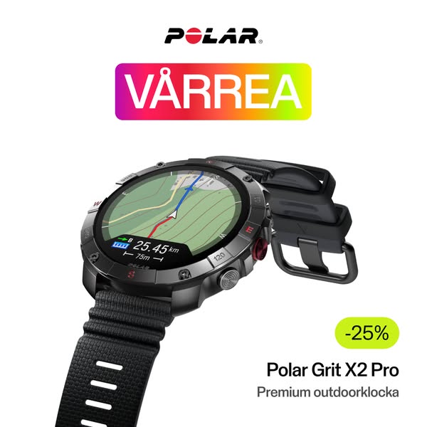 This ad showcases the Polar Grit X2 Pro premium outdoor watch, highlighting its features and offering a discount.