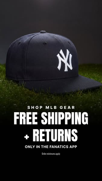 This image ad from Fanatics promotes MLB gear and features a New York Yankees baseball cap. The ad highlights free shipp