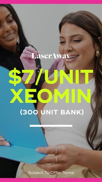 This image ad for LaserAway promotes a Xeomin offer of $7 per unit with a 300 unit bank. The ad features a woman receivi
