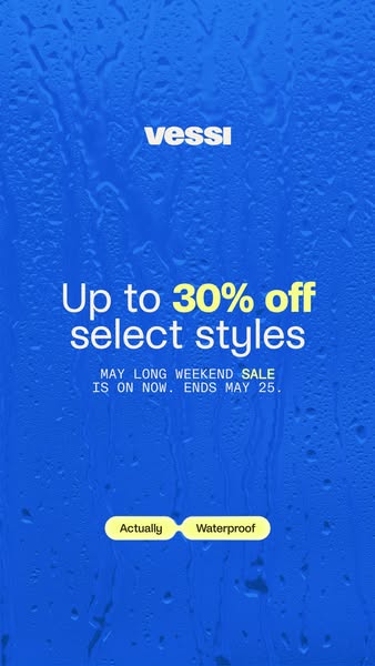 This image ad for Vessi promotes a May long weekend sale with up to 30% off select styles. The background is a blue, rai