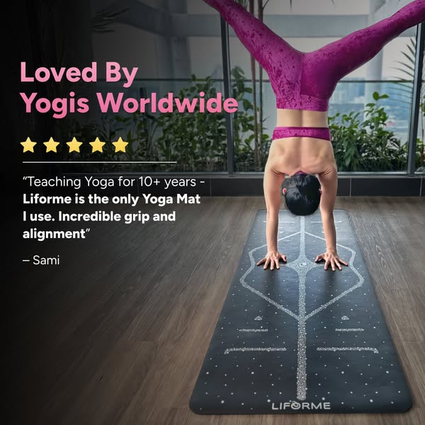 This ad features a woman in a handstand on a Liforme yoga mat. The ad contains the claim "Loved By Yogis Worldwide&