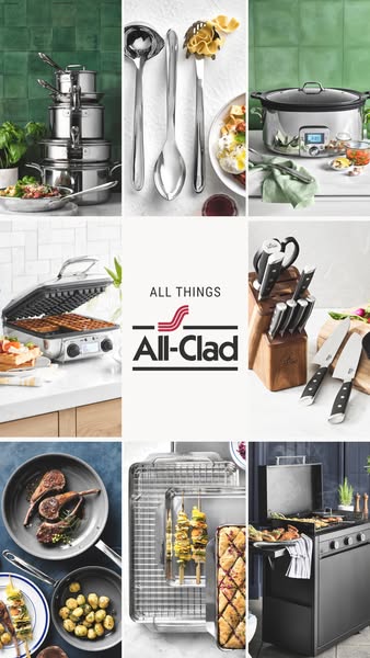 This ad features a nine-pane collage of different All-Clad kitchenware products, highlighting the variety of items in th