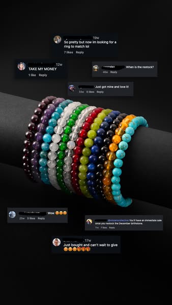 This ad for beaded gemstone bracelets relies heavily on social proof. It shows a collection of colorful bracelets on a b