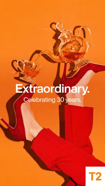 This image ad for T2 celebrates the brand's 30th anniversary. It features a visually striking composition with a gla