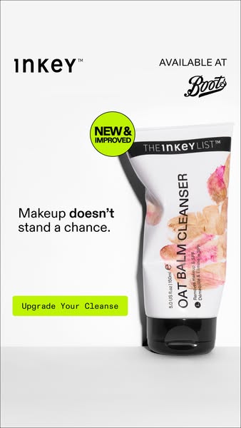 An image ad for THE INKEY LIST Oat Balm Cleanser highlights that makeup doesn't stand a chance against this product.
