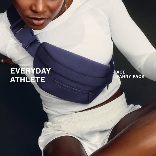 This ad features a close-up shot of a woman wearing a navy blue fanny pack. The ad emphasizes the versatility of the pro