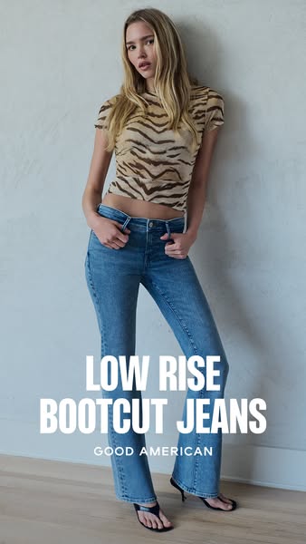 This ad showcases Good American's low rise bootcut jeans, featuring a model wearing the jeans. The ad emphasizes the