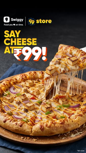 An advertisement for Swiggy, advertising cheese pizza at ₹99.