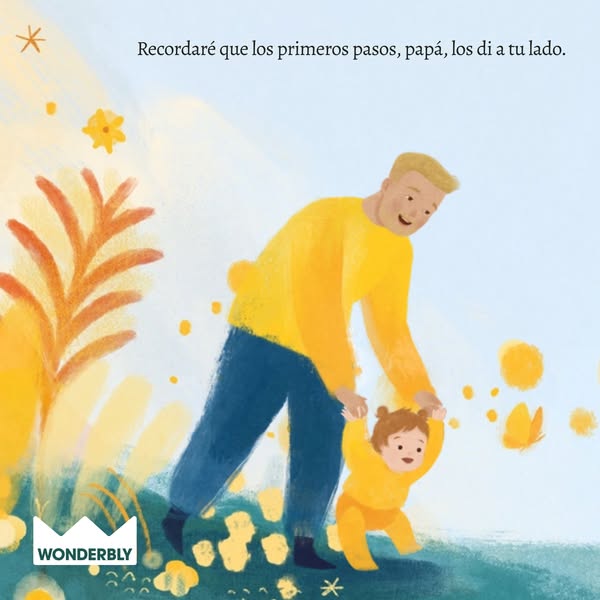 This ad uses a hand-drawn illustration of a dad helping his baby take her first steps and is intended to evoke feelings 