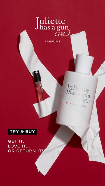 This image ad for Juliette Has A Gun promotes their "Not a Perfume" fragrance by offering a risk-free "Tr