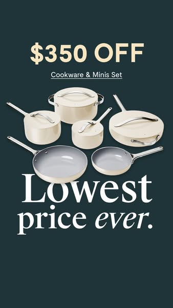 An image ad promoting a cookware and minis set. The ad highlights a significant discount and positions it as the lowest 