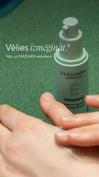 This ad invites people to try the MÁDARA Exosome Longevity Radiance Peptide Serum by visiting a MÁDARA store, and shows 