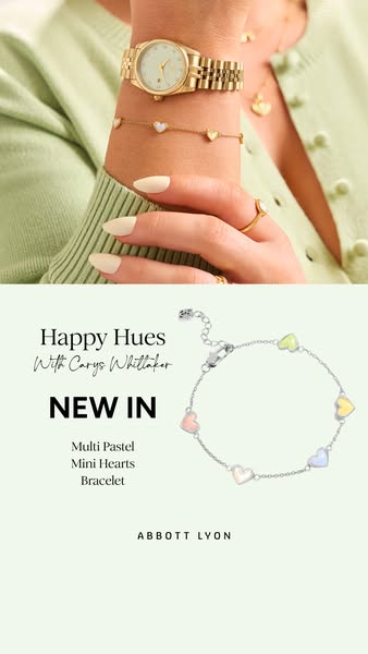 This image ad promotes Abbott Lyon's 'Multi Pastel Mini Hearts Bracelet'. The ad features a close-up of a wo