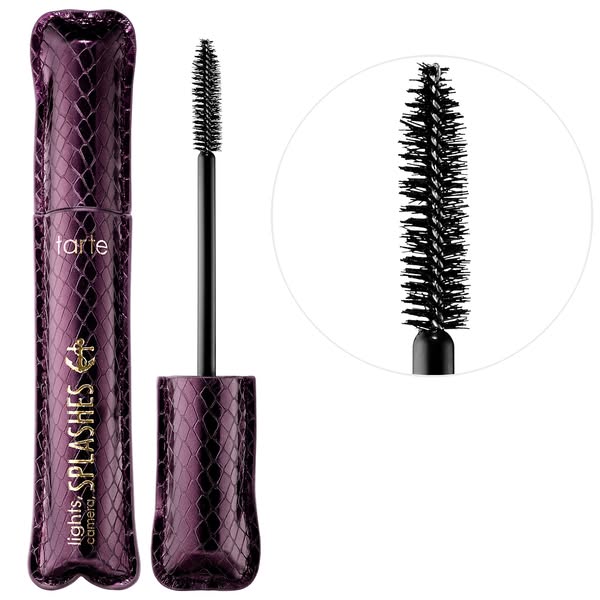 This ad features Tarte's 'lights, camera, SPLASHES' mascara. The image showcases the product's packaging