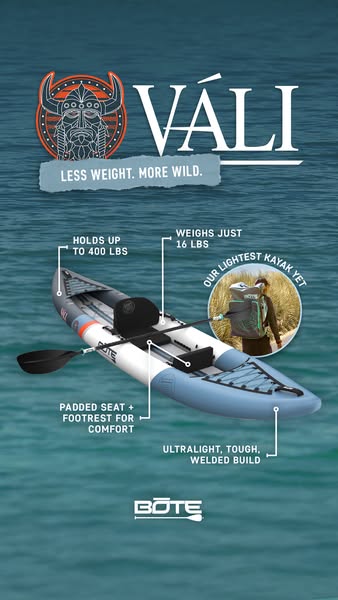 This ad showcases the features of the VÁLI kayak by BOTE, highlighting its lightweight design, durability, and comfort. 
