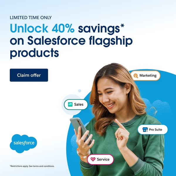 This ad promotes Salesforce flagship products with a limited-time offer of 40% savings. It features a woman interacting 