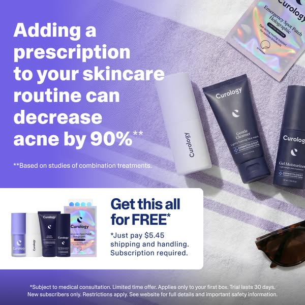 This ad promotes Curology, highlighting that incorporating prescription skincare into your routine can significantly red