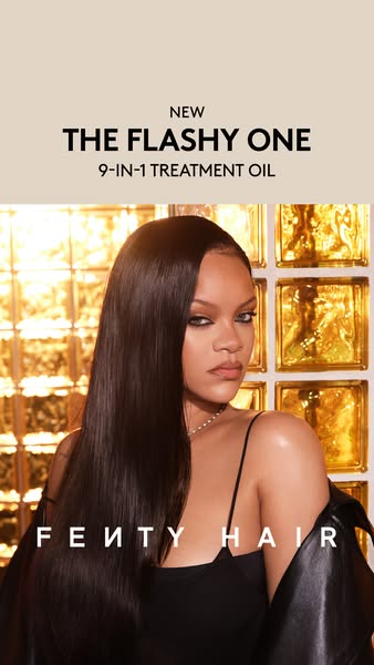 An image ad for Fenty Hair 9-in-1 Treatment Oil featuring Rihanna with sleek, shiny hair.