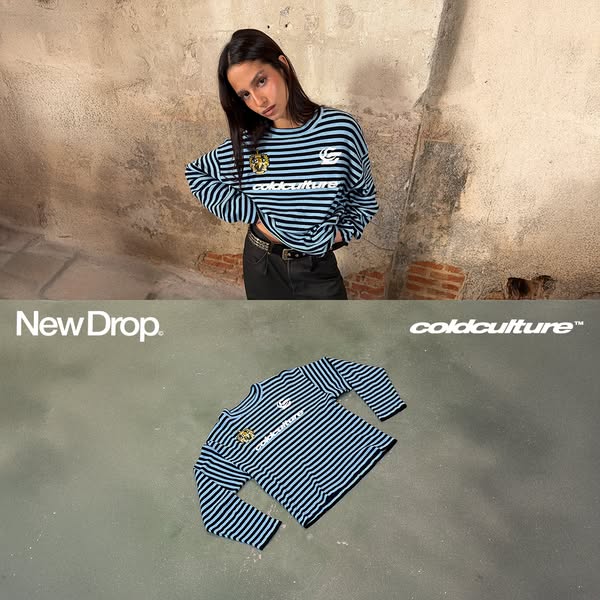 An image ad for Cold Culture features a woman modeling a striped shirt, and then a flat lay of the same shirt on the gro