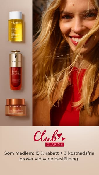 This image ad for Clarins promotes their Double Serum, Daily Treatment Oil, and Liquid Energizing Energy products, and p