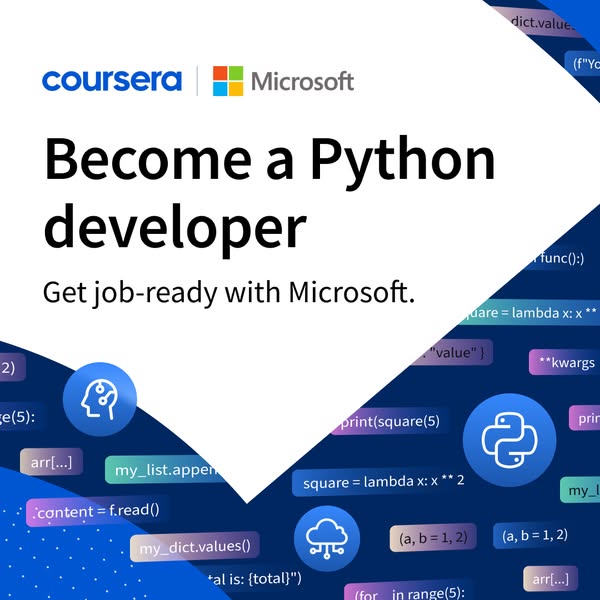 This ad promotes a course on Coursera to help people become Python developers, emphasizing job readiness through a partn