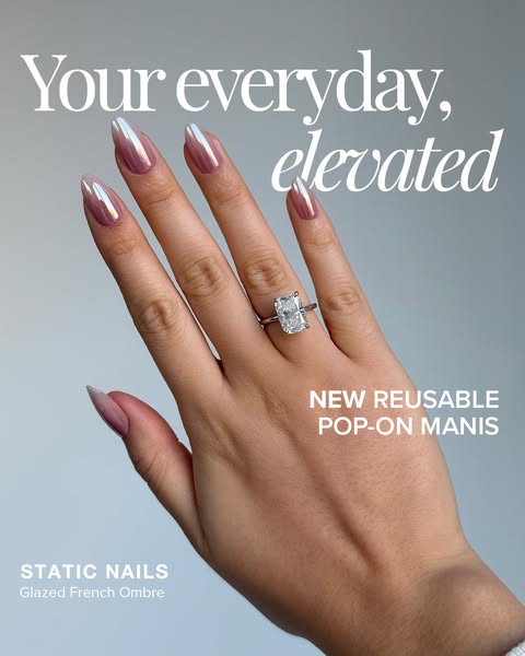 This image ad showcases reusable pop-on nails, suggesting an elevated everyday look with convenience.
