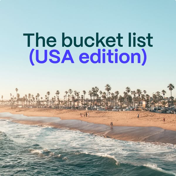 This ad showcases a picturesque beach scene with the headline "The bucket list (USA edition)." It aims to insp